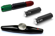 Handles for pin gauges, Aluminium hexagon handles with engraving and other special shapes such as two-sided engraved aluminium hexagon handles with go and no side on request.