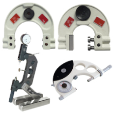 Adjustable Limit snap gauges with 4 adjustable round measuring faces or with 2 adjustable measuring faces on one side and 1 fixed measuring face., 
Comparator snap gauges, adjustable with indicator and indicating dial snap gauges with carbon fibre frame.