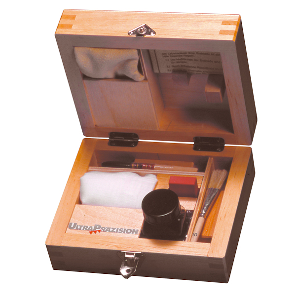 Gauge block service kit-set with linen cloth, suede leather mat, soft and grease brushes, instructions for care, deburring stone and anti-corrosion oil