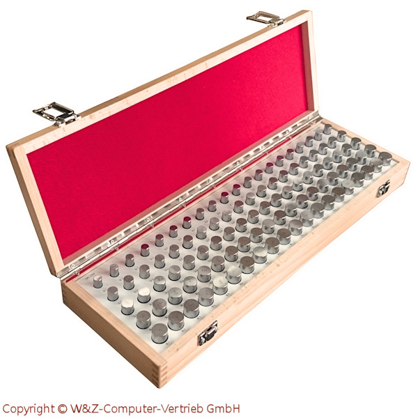 Measuring Pins in a Set DIN 2269 100 Pins in a wooden case, Diameter 10,1 mm to 20 mm, Tolerance 2,0µm, Length 50 mm, Steps: 0,1mm, 
Special steel, hardened and finely ground