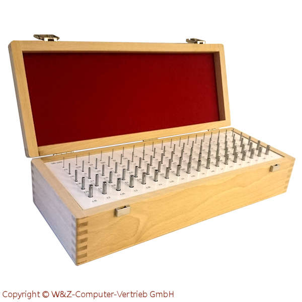 Measuring Pins in a Set DIN 2269 20 Pins in a wooden case, Diameter 1 mm to 20 mm, Tolerance 1,0/2,0µm, Length 70/50 mm, Steps: 1,0mm, 
Special steel, hardened and finely ground
